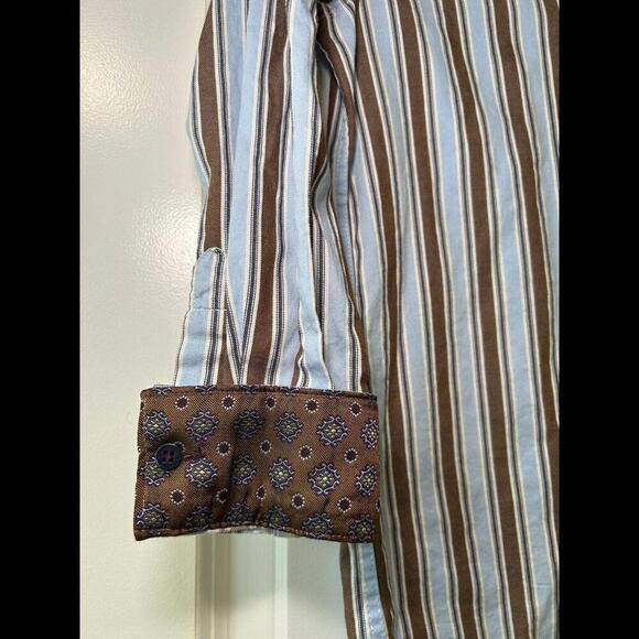 English Laundry Boys Size 10 Striped Dress Shirt Blue/Brown Contrast Cuffs $49 - Picture 3 of 12